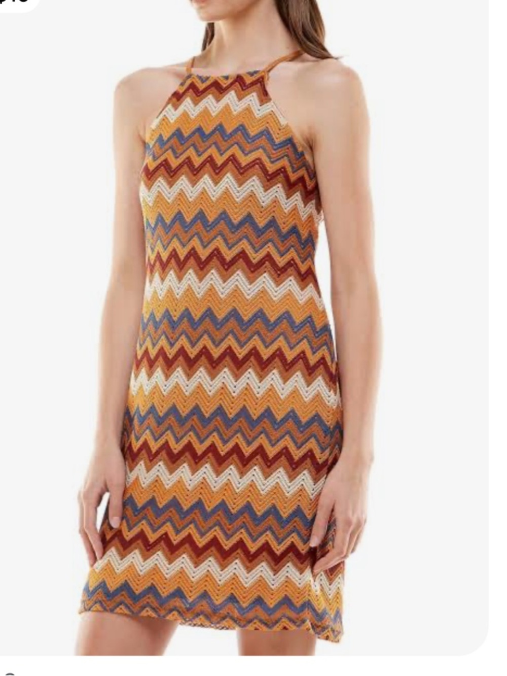 Almost Famous Zigzag Halter Mini Dress in Rust, Mustard, Cream, Blue